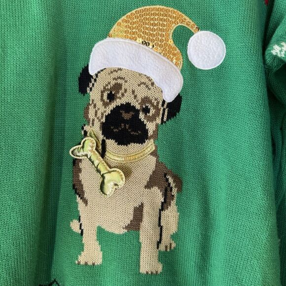 Holiday Traditions Bah Hum Pug Christmas Sweater Sequin Pug Dog Snowflake L - Picture 4 of 10